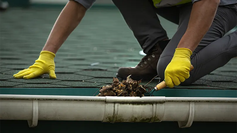 An image of a man cleaning gutters.