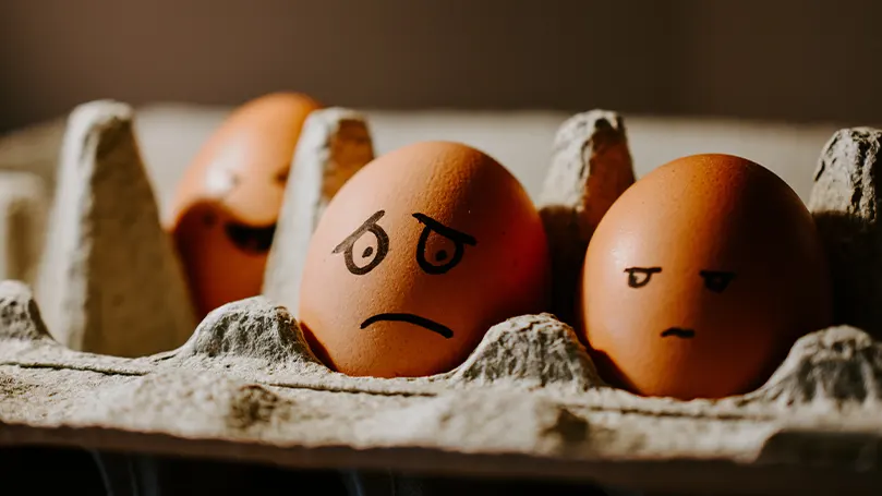 An image of eggs with drawn on frowny and unhappy faces