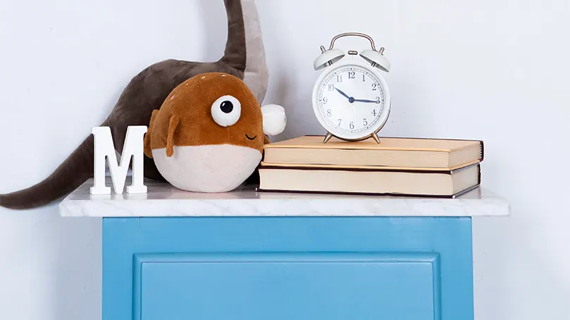 Kids bedroom decor including books, alarm clock and dinosaur toy.