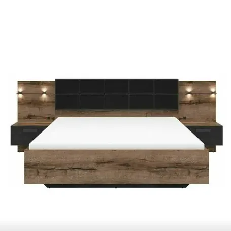 a product image of Lujo Cama King Size Euro Frame Cabecero Acolchado Luz LED USB Cahrges Mesillas de noche Roble Negro Kassel