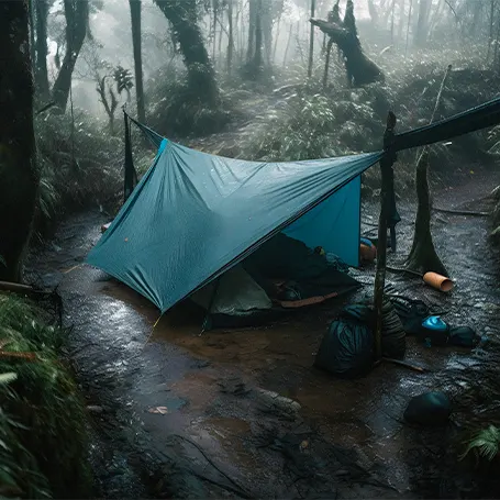 Una imagen de una tienda de campaña en el bosque